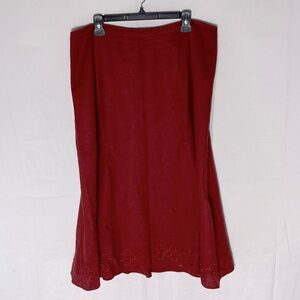 Vintage Vanity Fair Red Linen Blend Midi Skirt W Beaded Flowers Near Hem XL Boho